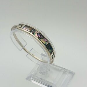 Vintage Mexican Abalone Inlay Hinged Bangle Bracelet – Silver Tone
